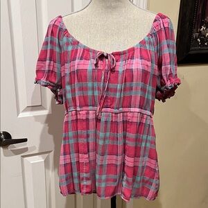Torrid Pink Plaid Peasant Blouse